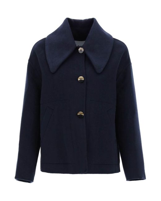 Ganni Blue Wool-blend Wide-collar Coat