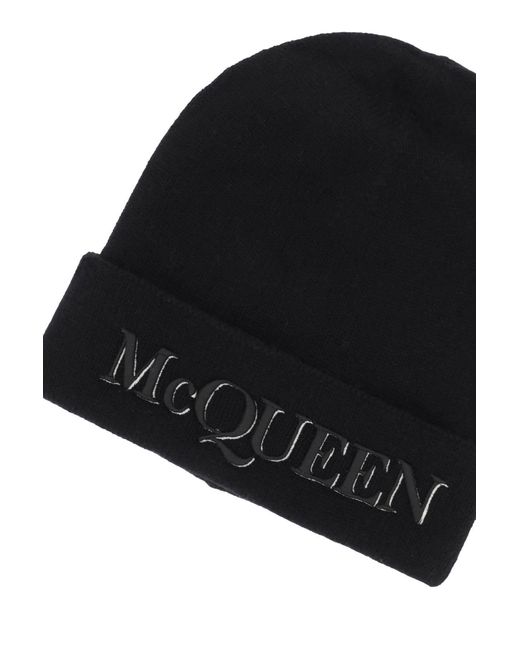 Alexander McQueen Black Cashmere Beanie With Logo Embroidery for men