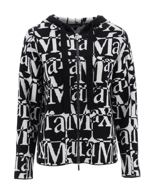 Max Mara Monogram Zip-up Knit Hoodie in Black | Lyst