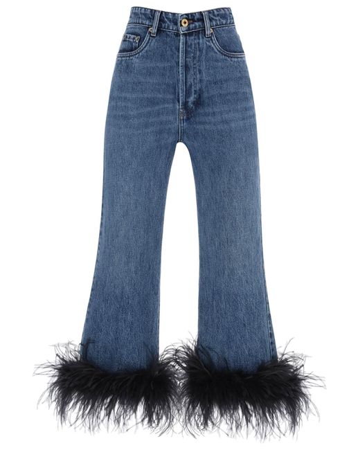 Miu Miu Blue Feather-trimmed Cropped Jeans