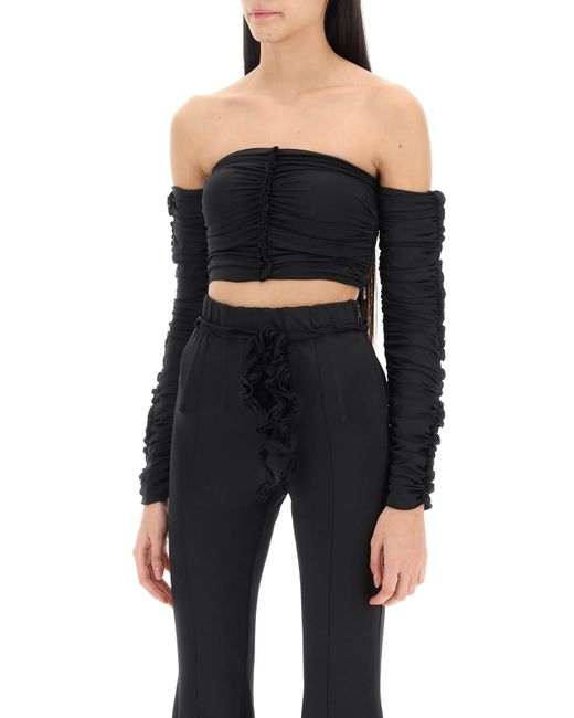 ROTATE BIRGER CHRISTENSEN Black Rotate Ruched Off-shoulder Cropped Top