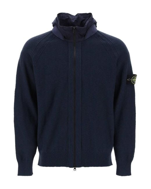 Stone Island Blue Zip-Up Cardigan With Detachable Hood for men