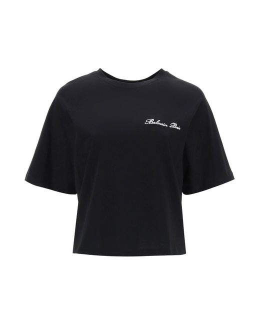 Balmain Black Cropped T-shirt With Logo Embroidery