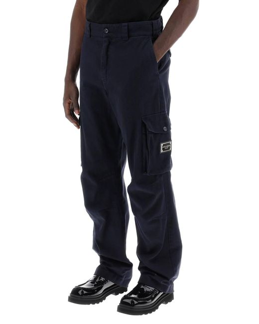 Dolce & Gabbana Blue Cargo Pants With Logo Plaque for men