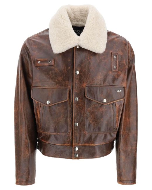 DIESEL Brown Leather Jacket With Shearling Collar for men