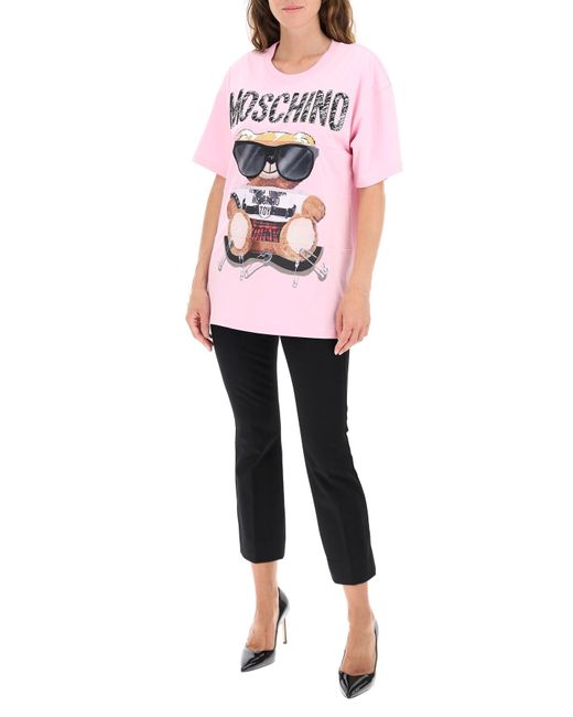 Moschino Cotton Mixed Teddy Bear Crew Neck T-shirt in Pink,Black 