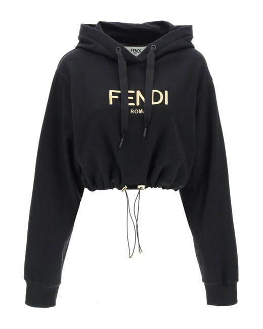 Fendi Black Cropped Hoodie With Logo Embroidery