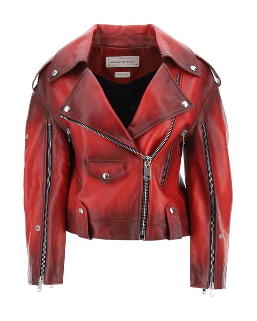 Alexander McQueen Biker Jacket In Shaded Leather in Red Burgundy (Red ...