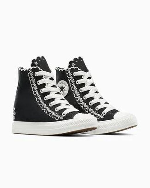 Converse Black Chuck Taylor All Star Wedge Platform Embroidered Flowers Canvas For