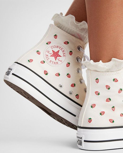 Converse White Chuck Taylor All Star Lift Platform Embroidered Strawberries
