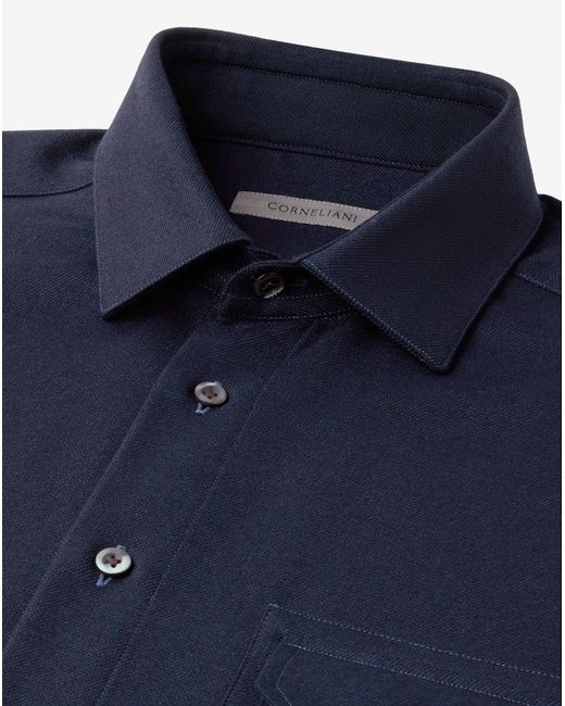 Corneliani Blue Relaxed Fit Technical Wool Shirt for men