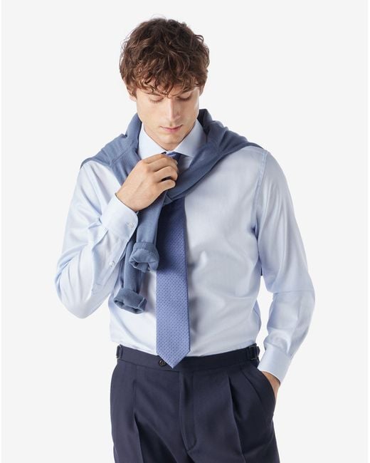 Corneliani Blue Light Textured Cotton Shirt With Herringbone Pattern for men