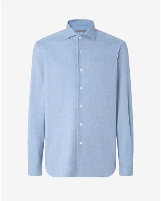 Corneliani Blue Light Melange Cotton Flannel Shirt With Diagonal Design for men