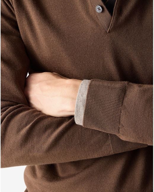 Corneliani Brown Tobacco Long-Sleeved Polo Shirt Made From Pure Wool for men