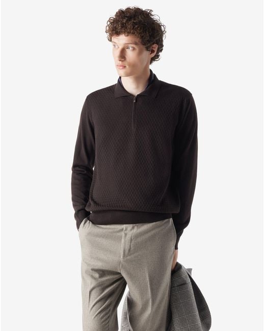 Corneliani Black Dark Pure Merino Wool Zip-Up Polo Shirt for men
