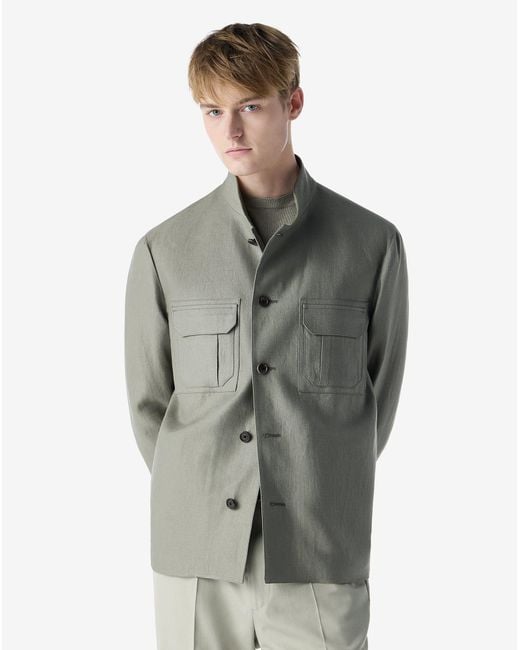 Corneliani Gray Linen Twill Khaki Overshirt for men