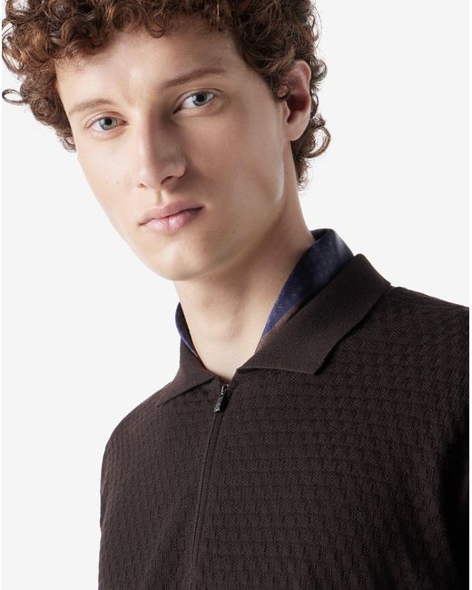 Corneliani Black Dark Pure Merino Wool Zip-Up Polo Shirt for men
