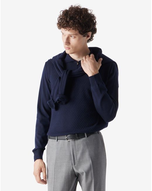 Corneliani Blue Zip-Up Pure Extra Fine Wool Polo Shirt for men
