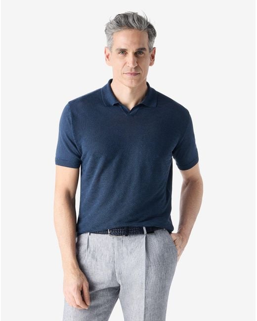 Corneliani Blue Linen Buttonless Polo Shirt for men