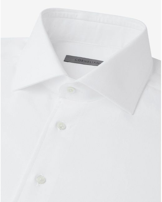 Corneliani White Textured Cotton Shirt With Herringbone Pattern for men