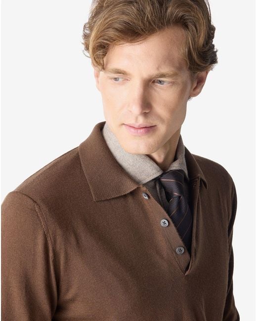 Corneliani Brown Tobacco Long-Sleeved Polo Shirt Made From Pure Wool for men