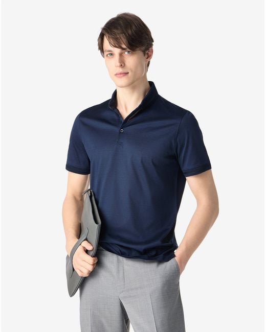 Corneliani Blue Button-Up Lisle Thread Polo Shirt for men
