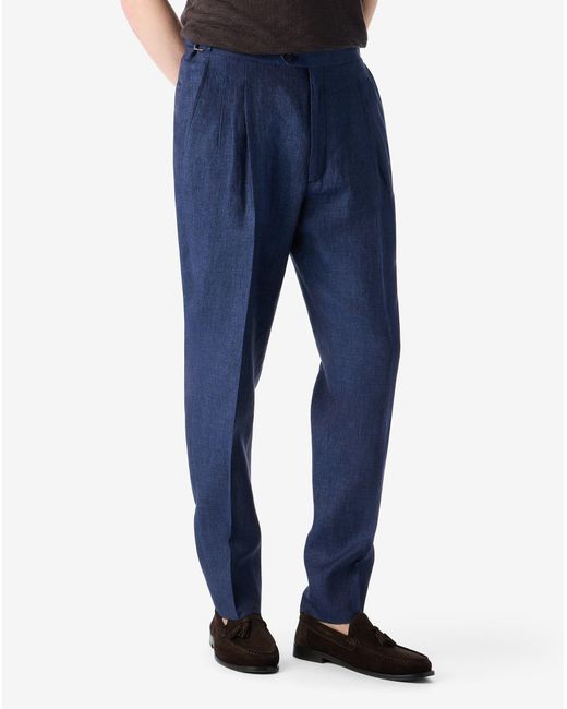 Corneliani Blue 2-Pleated Linen Chambray Trousers for men