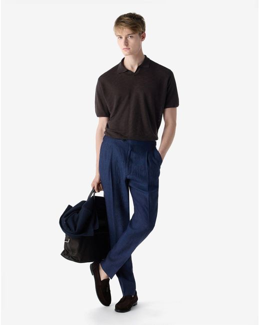 Corneliani Blue 2-Pleated Linen Chambray Trousers for men