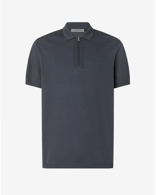 Corneliani Blue Anthracite Zipped Pure Cotton Polo Shirt for men