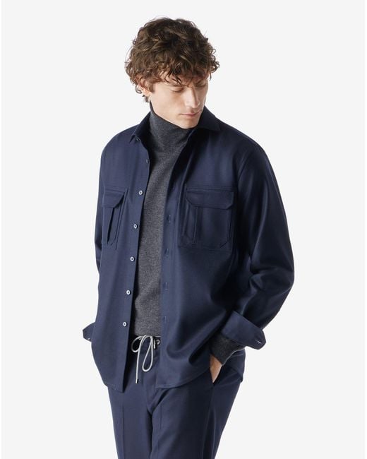Corneliani Blue Relaxed Fit Technical Wool Shirt for men