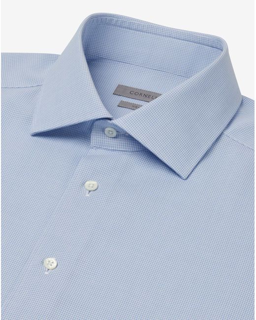 Corneliani Blue Ice Cotton Shirt With Light Microcheck Pattern for men