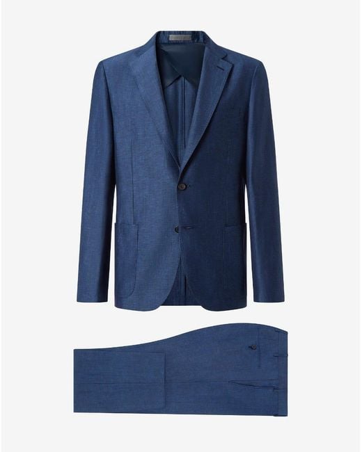 Corneliani Blue Wool And Chambray Linen Suit for men
