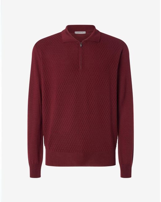 Corneliani Red Dark Long-Sleeved Zip-Up Polo Shirt Made From Pure Extra Fine Wool for men