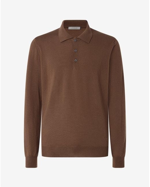 Corneliani Brown Tobacco Long-Sleeved Polo Shirt Made From Pure Wool for men