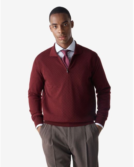 Corneliani Red Dark Long-Sleeved Zip-Up Polo Shirt Made From Pure Extra Fine Wool for men