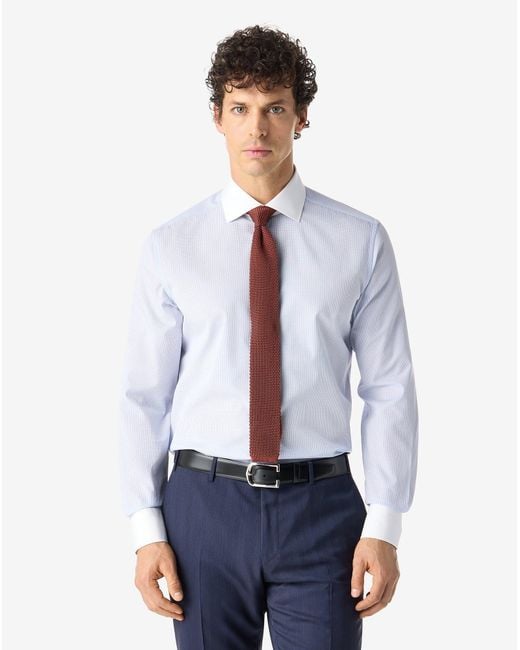 Corneliani White Cotton Poplin Shirt With Light Checks for men