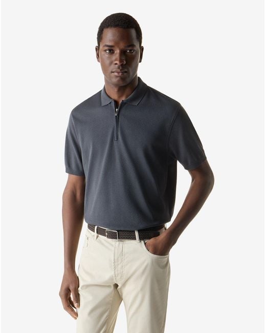 Corneliani Blue Anthracite Zipped Pure Cotton Polo Shirt for men