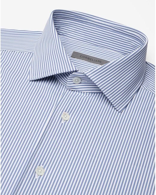 Corneliani Blue Bi-Elastic Fabric Shirt With Thin Stripes for men
