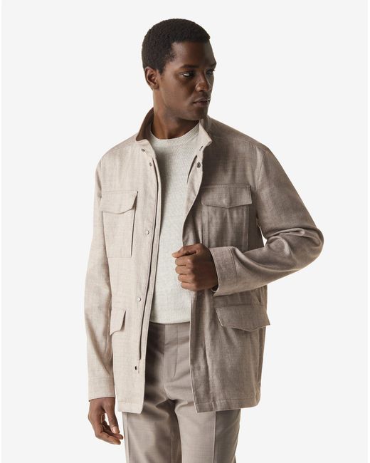 Corneliani White Sand Linen, Stretch Wool Field Jacket for men