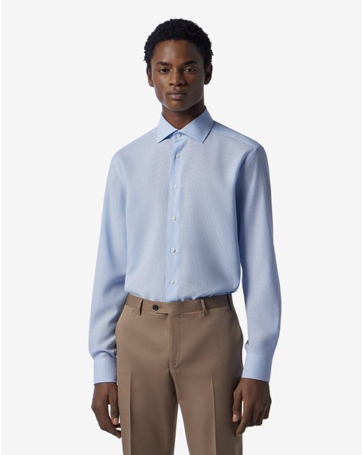 Corneliani Blue Ice Cotton Shirt With Light Microcheck Pattern for men