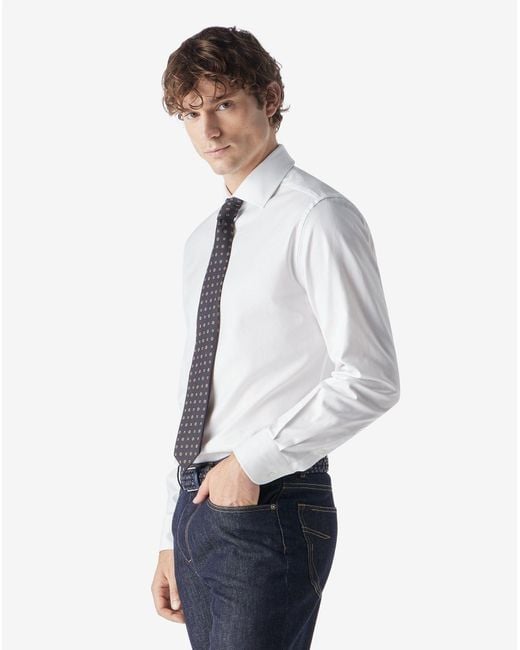 Corneliani White Textured Cotton Shirt With Herringbone Pattern for men