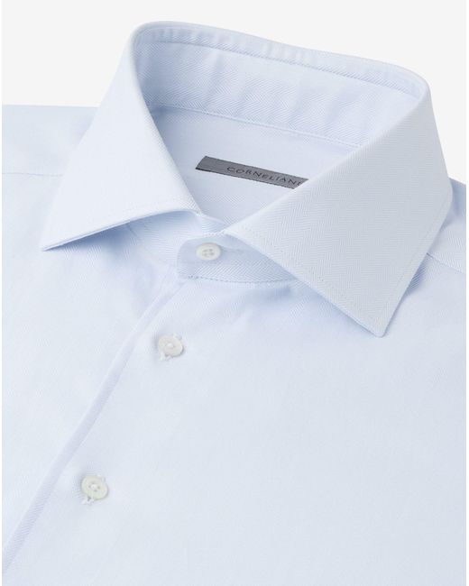 Corneliani Blue Light Textured Cotton Shirt With Herringbone Pattern for men