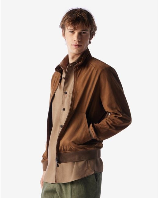 Corneliani Brown Tobacco- Bomber Jacket Made From Super Light Suede for men