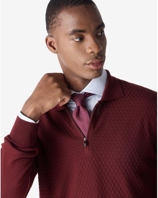Corneliani Red Dark Long-Sleeved Zip-Up Polo Shirt Made From Pure Extra Fine Wool for men