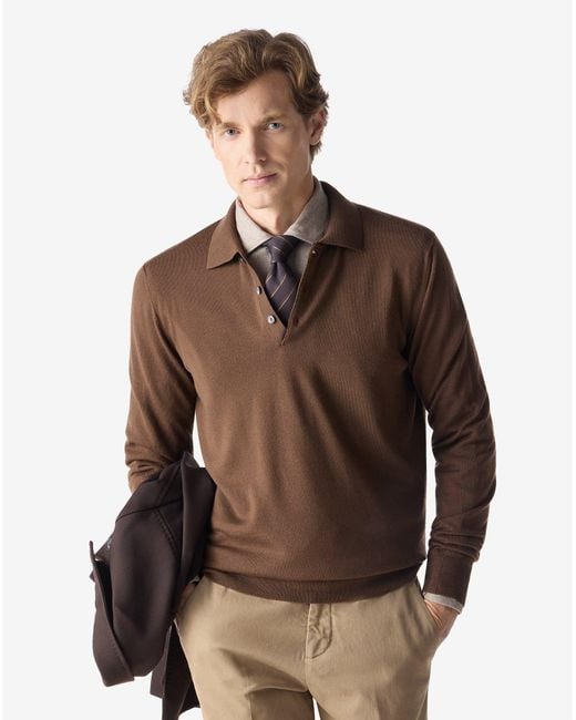 Corneliani Brown Tobacco Long-Sleeved Polo Shirt Made From Pure Wool for men