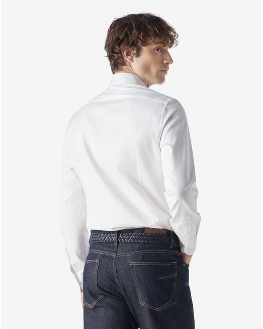 Corneliani White Textured Cotton Shirt With Herringbone Pattern for men