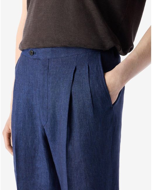 Corneliani Blue 2-Pleated Linen Chambray Trousers for men