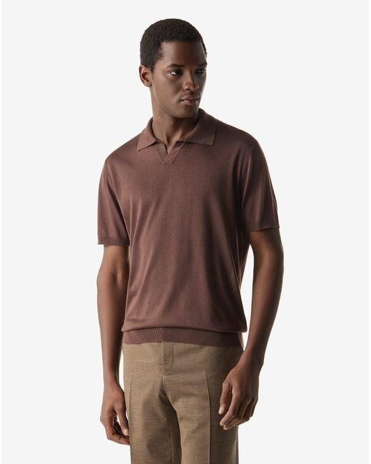 Corneliani Brown Pure Silk Buttonless Polo for men