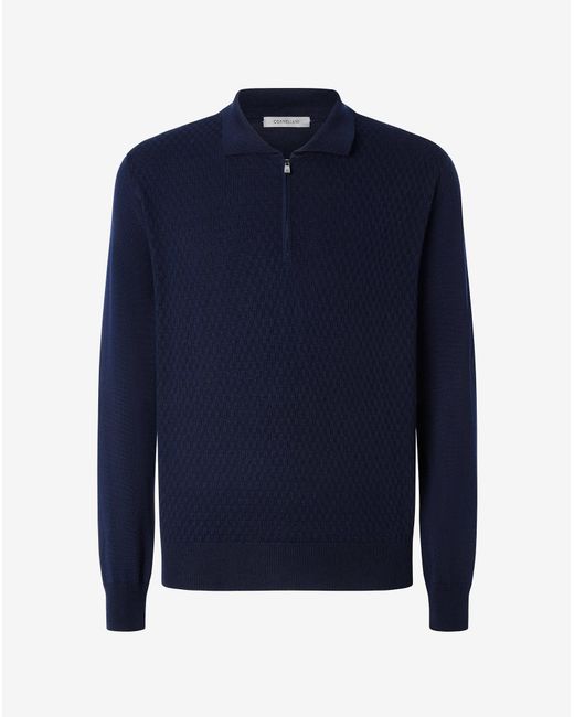 Corneliani Blue Zip-Up Pure Extra Fine Wool Polo Shirt for men