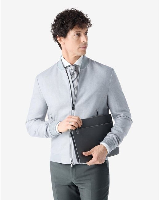 Corneliani Blue Patterned Wool Twill Bomber Jacket for men